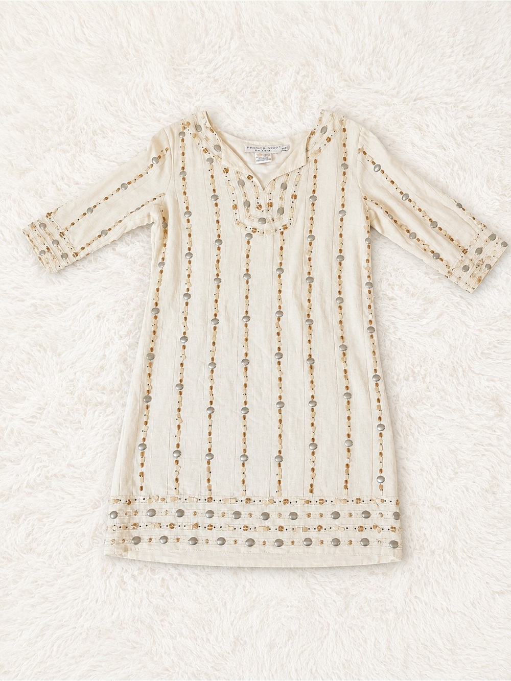 Gretchen Scott Designs S Cream Embellished Mirror Tunic Shift Dress Boho $200